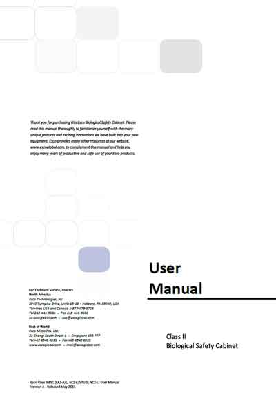 Инструкция пользователя User manual на Biological Safety Cabinet - Class II (LA2-A/L; AC2-E/S/D/G; NC2-L) Ver. 05.11 [Esco]