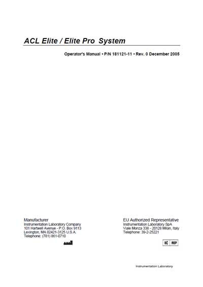 Инструкция оператора Operator manual на ACL Elite - Elite Pro System [Instrumentation Laborat]