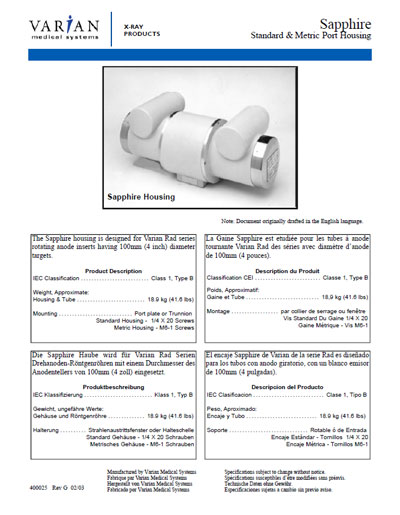 Техническая документация Technical Documentation/Manual на Трубка рентгеновская Sapphire [Varian]