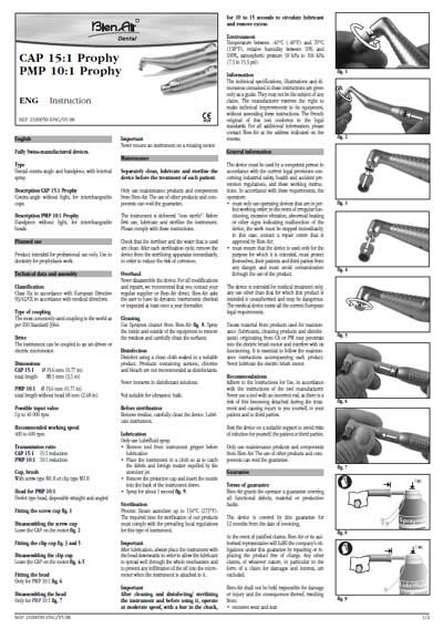 Паспорт, Passport на Стоматология Угловой наконечник CAP 15:1 Prophy, PMP 10:1 Prophy