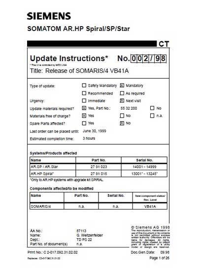 Инструкция по установке Installation Manual на Somatom AR.HP Spiral/SP/Star - Release of SOMARIS/4 VB41A [Siemens]