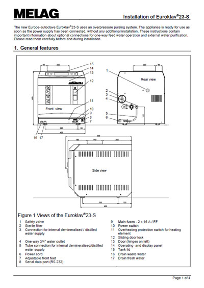 Инструкция по установке Installation Manual на Автоклав Euroklav 23 S [Melag]