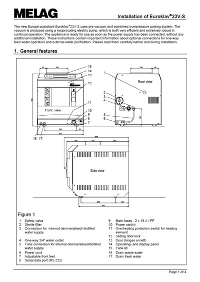 Инструкция по установке Installation Manual на Автоклав Euroklav 23 S V-S [Melag]