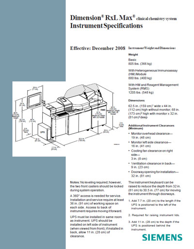 Технические характеристики, Specifications на Анализаторы Dimension Rxl max Instrument Specifications