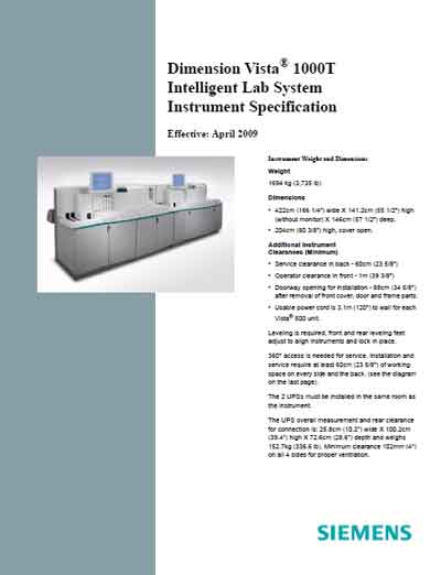 Технические характеристики, Specifications на Анализаторы Dimension vista 1000t Instrument Specification