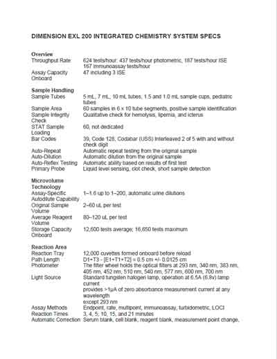 Технические характеристики, Specifications на Анализаторы Dimension Exl 200 Integrated Chemistry System Specifications