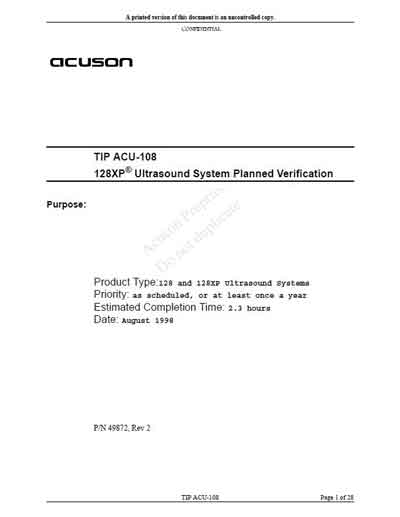 Техническая документация, Technical Documentation/Manual на Диагностика-УЗИ Acuson 128XP - TIP ACU-108 Planned Verification