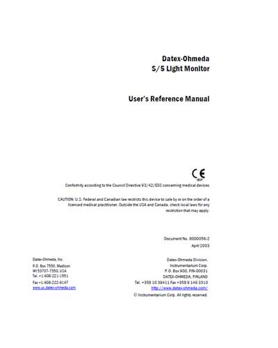 Инструкция пользователя User manual на S/5 Light Monitor (April 2003) [Datex-Ohmeda]