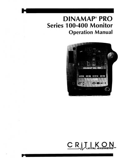 Инструкция по эксплуатации Operation (Instruction) manual на Dinamap Pro Series 100-400 [Critikon]