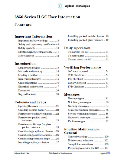 Инструкция по применению и обслуживанию, User and Service manual на Лаборатория Газовый хроматограф 6850 Series II GC