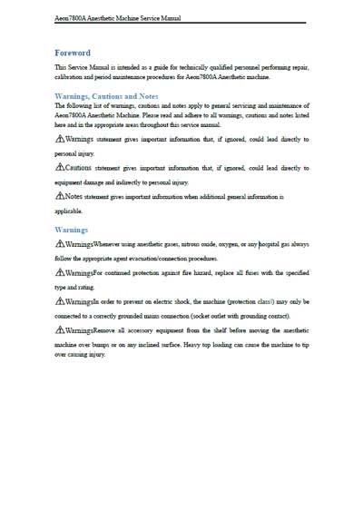 Сервисная инструкция, Service manual на ИВЛ-Анестезия Aeon 7800A