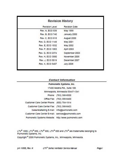 Сервисная инструкция Service manual на LTV серии Pulmonetic System (Rev.K) [---]