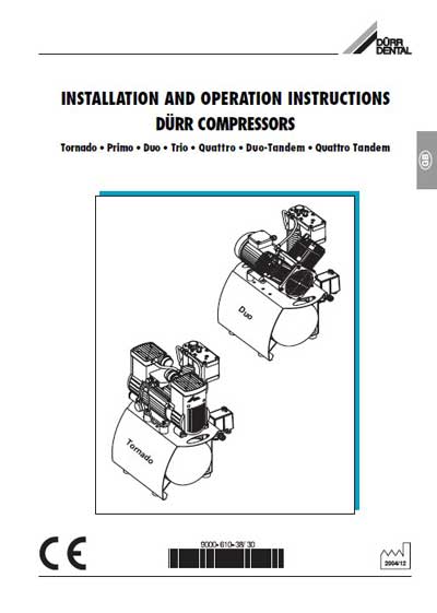 Инструкция по монтажу и эксплуатации Installation and operation на Компрессор Tornado, Primo, Duo, Trio, Quattro, Duo-Tandem, Quattro Tandem [Durr Dental]