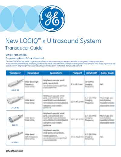 Технические характеристики, Specifications на Диагностика-УЗИ Logiq e (Transducer Guide)